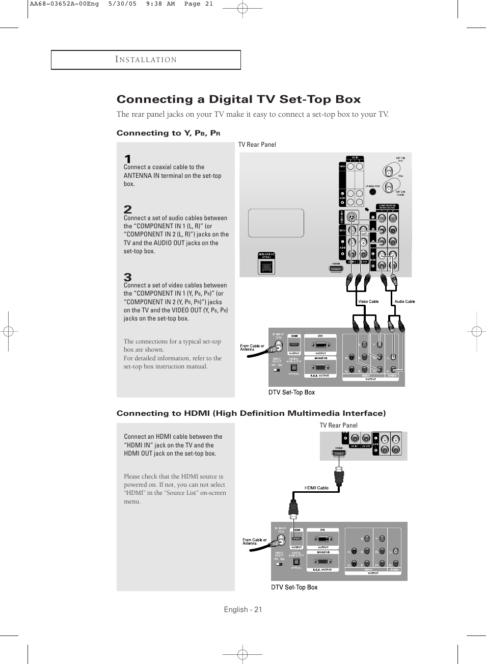 Connecting a digital tv set-top box, Connecting to y, pb, pr | Samsung TXR3080WHX-XAA User Manual | Page 21 / 80