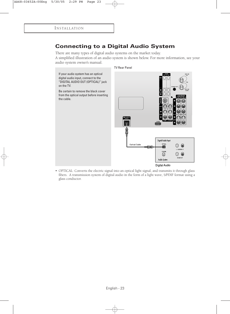Connecting to a digital audio system | Samsung TXR3080WHX-XAA User Manual | Page 23 / 80