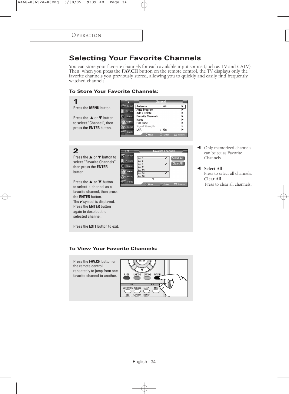 Selecting your favorite channels, To store your favorite channels, To view your favorite channels | Samsung TXR3080WHX-XAA User Manual | Page 34 / 80