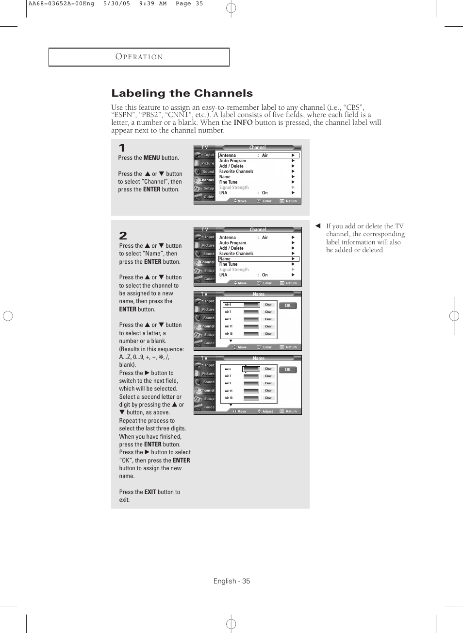 Labeling the channels | Samsung TXR3080WHX-XAA User Manual | Page 35 / 80