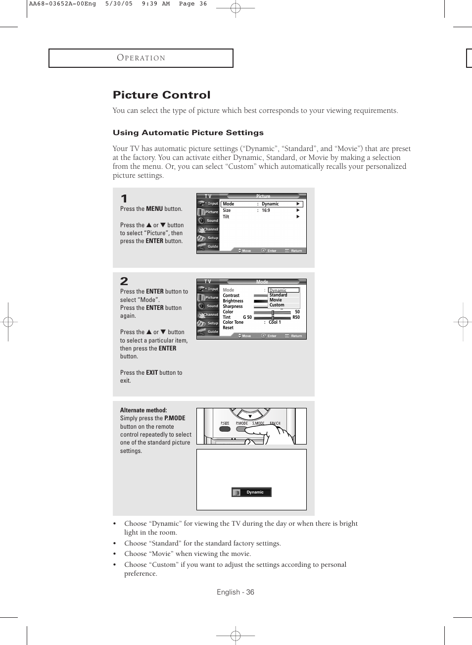 Picture control, Using automatic picture settings | Samsung TXR3080WHX-XAA User Manual | Page 36 / 80