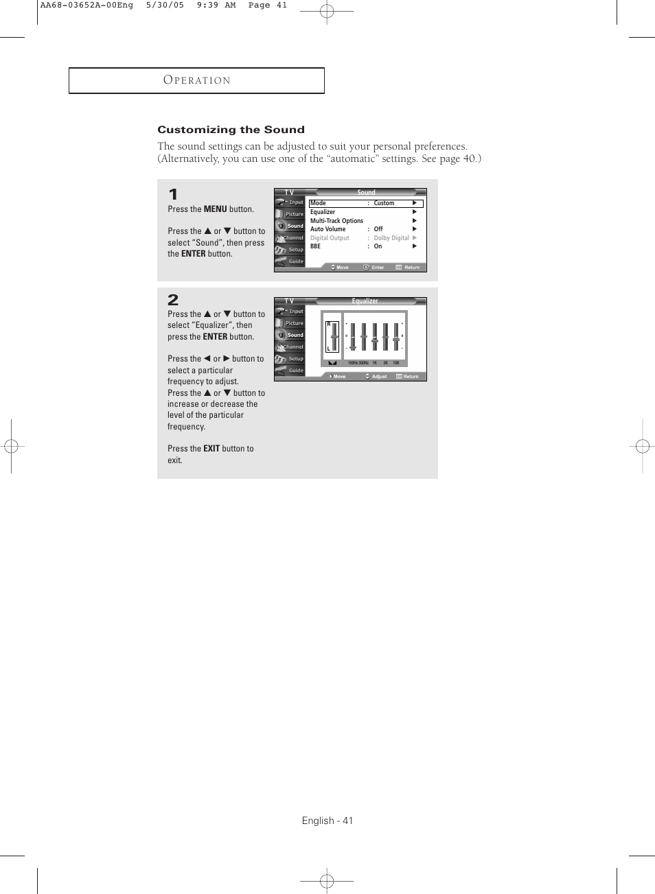 Customizing the sound | Samsung TXR3080WHX-XAA User Manual | Page 41 / 80