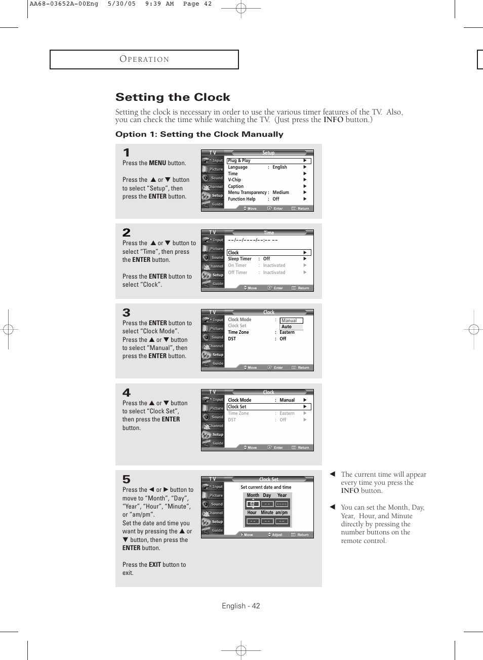 Setting the clock, Option 1: setting the clock manually | Samsung TXR3080WHX-XAA User Manual | Page 42 / 80