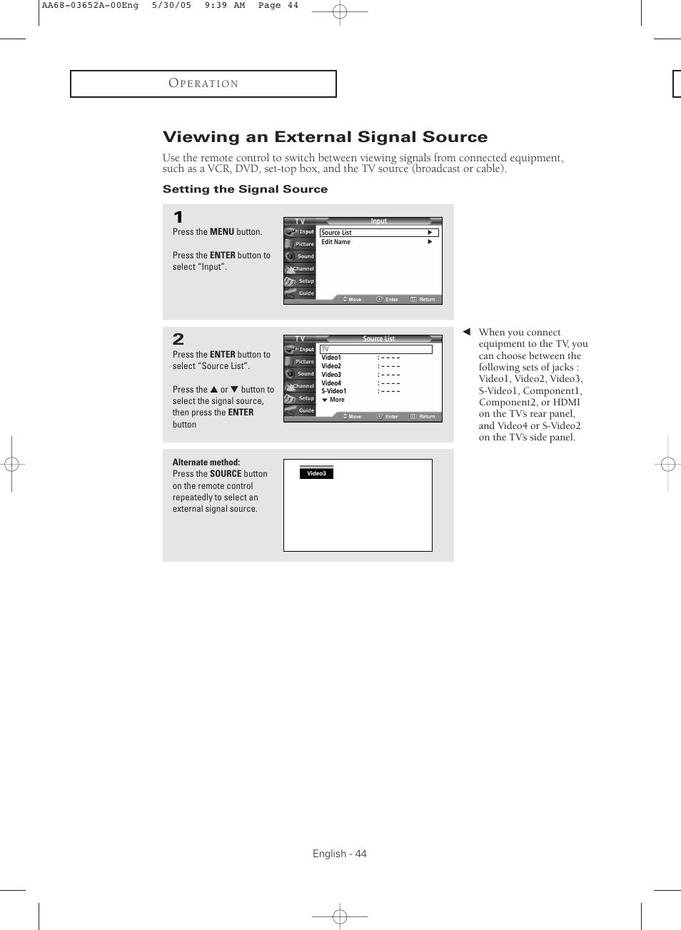 Viewing an external signal source, Setting the signal source | Samsung TXR3080WHX-XAA User Manual | Page 44 / 80