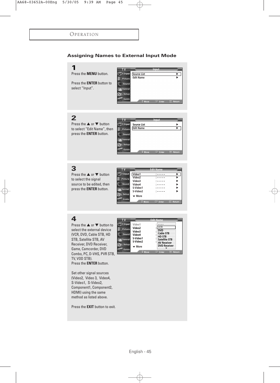 Assigning names to external input mode | Samsung TXR3080WHX-XAA User Manual | Page 45 / 80