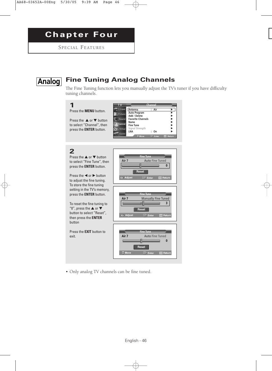 Chapter 4: special features, Fine tuning analog channels, Analog | Samsung TXR3080WHX-XAA User Manual | Page 46 / 80