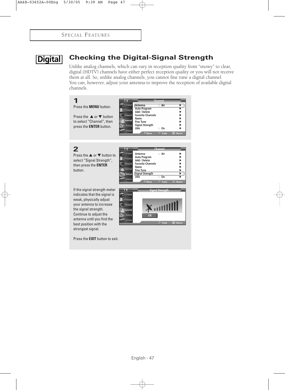 Checking the digital-signal strength, Digital | Samsung TXR3080WHX-XAA User Manual | Page 47 / 80