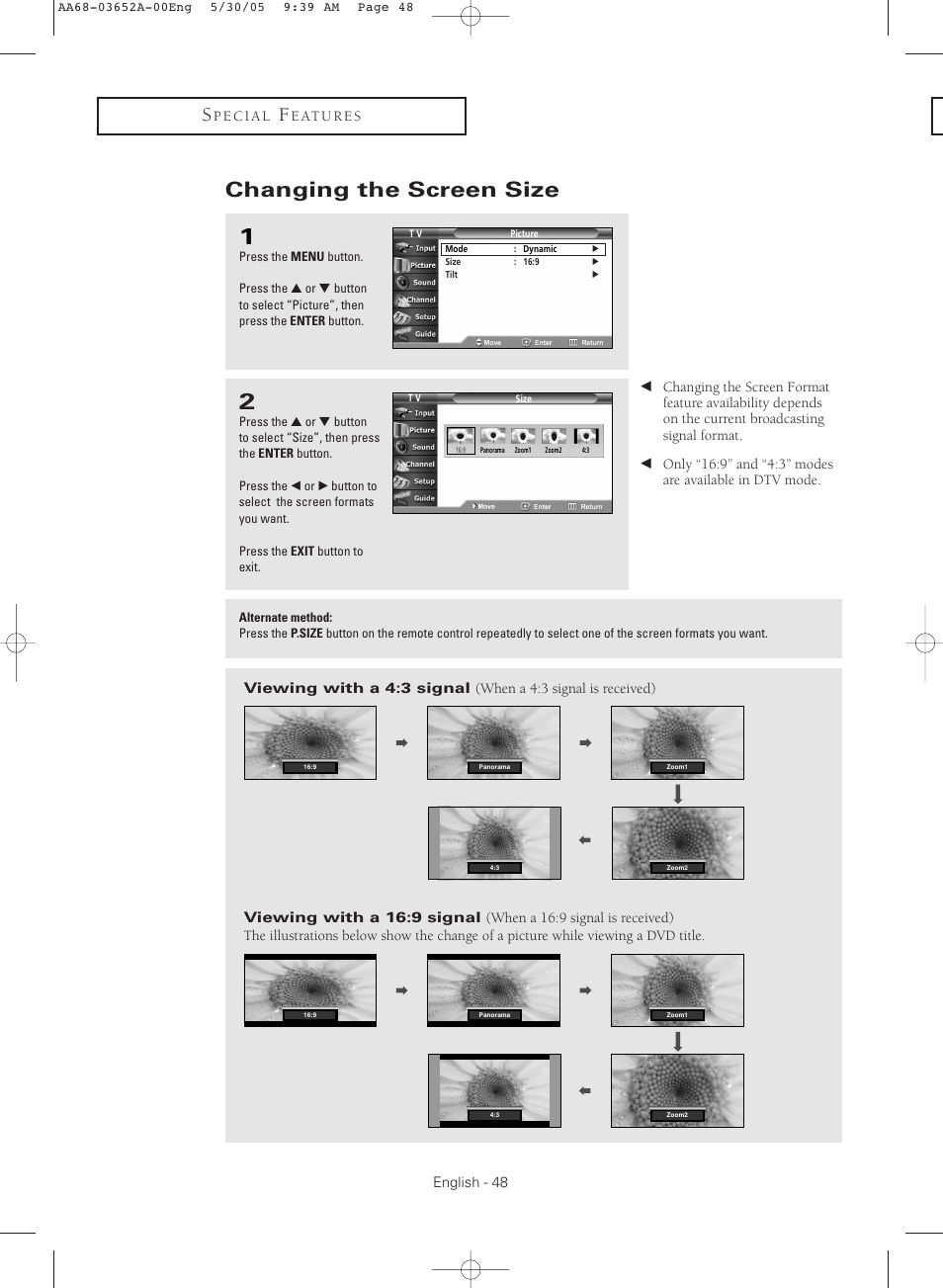 Changing the screen size | Samsung TXR3080WHX-XAA User Manual | Page 48 / 80