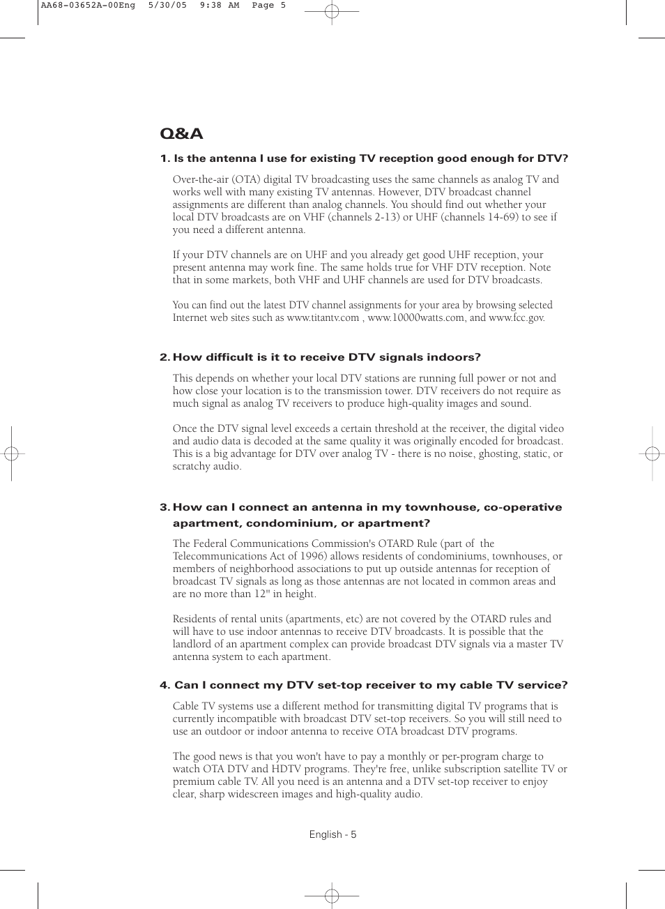 Samsung TXR3080WHX-XAA User Manual | Page 5 / 80