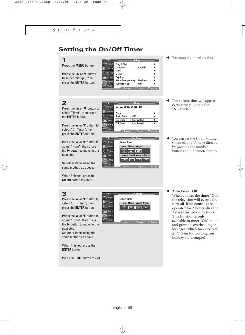 Setting the on/off timer | Samsung TXR3080WHX-XAA User Manual | Page 56 / 80