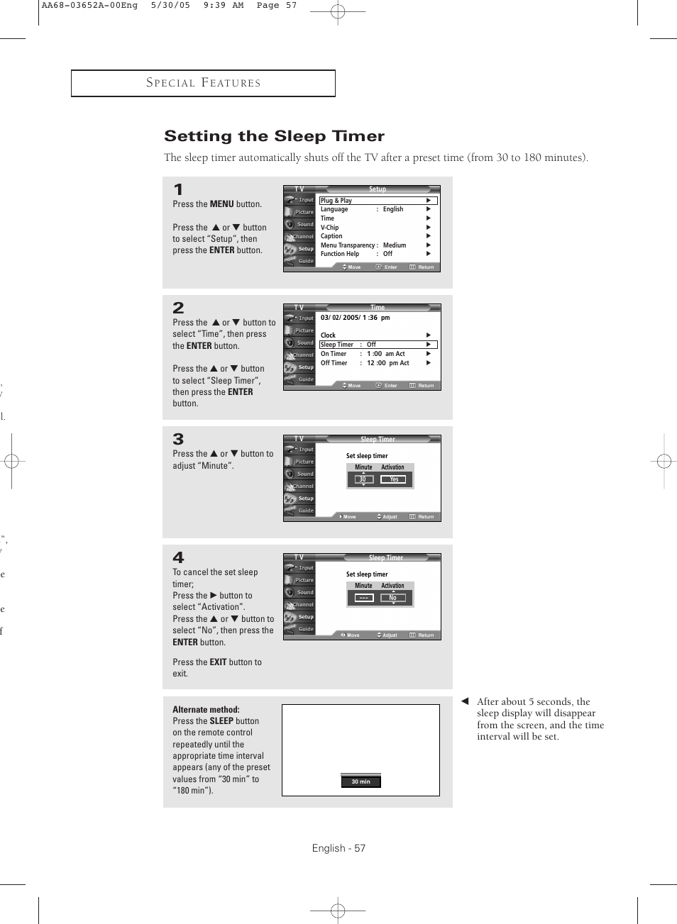 Setting the sleep timer | Samsung TXR3080WHX-XAA User Manual | Page 57 / 80