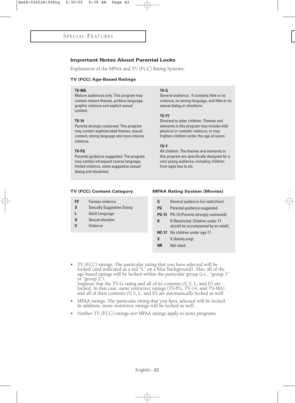 Important notes about parental locks | Samsung TXR3080WHX-XAA User Manual | Page 62 / 80