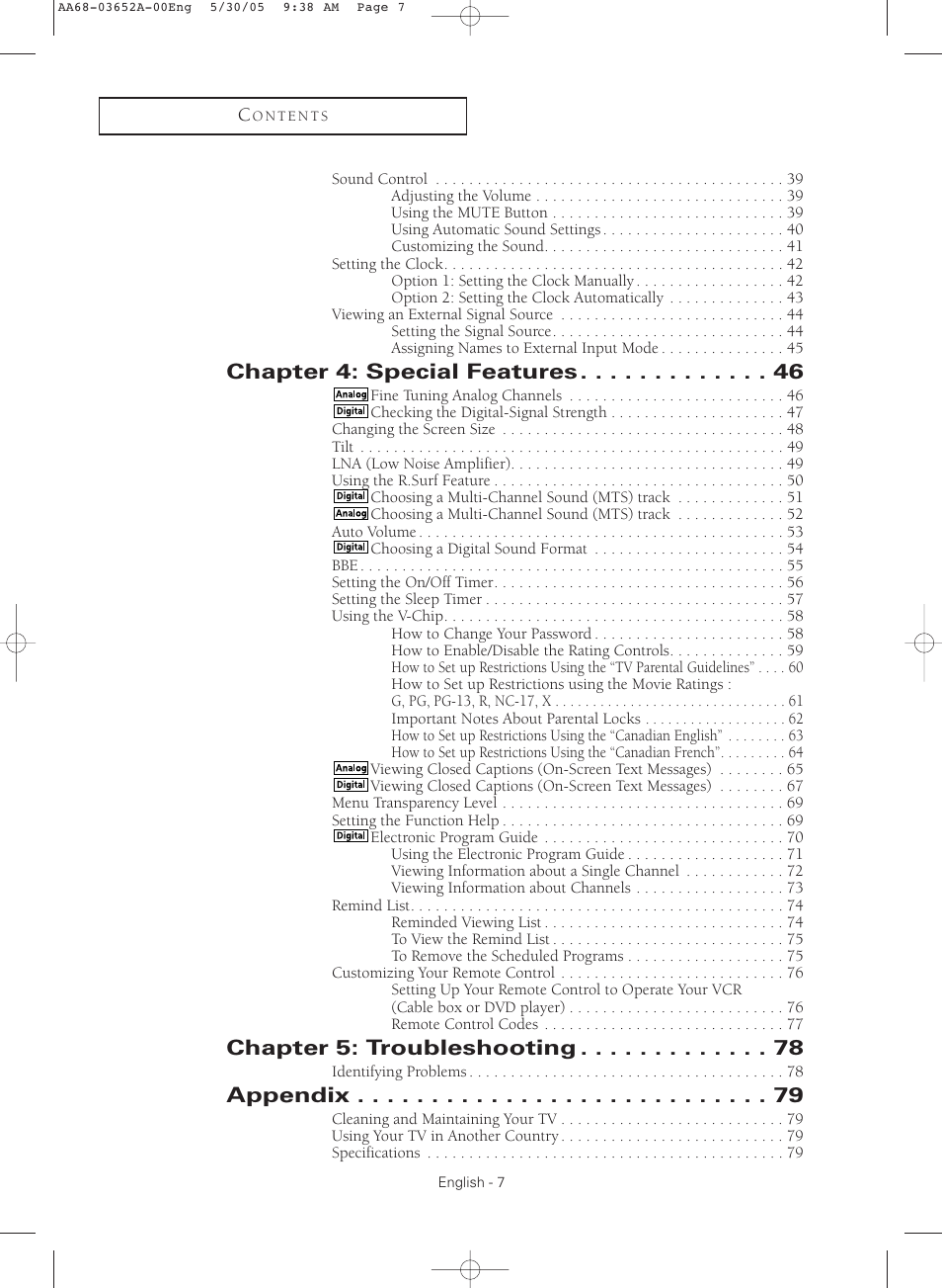 Chapter 4: special features, Chapter 5: troubleshooting, Appendix | Samsung TXR3080WHX-XAA User Manual | Page 7 / 80