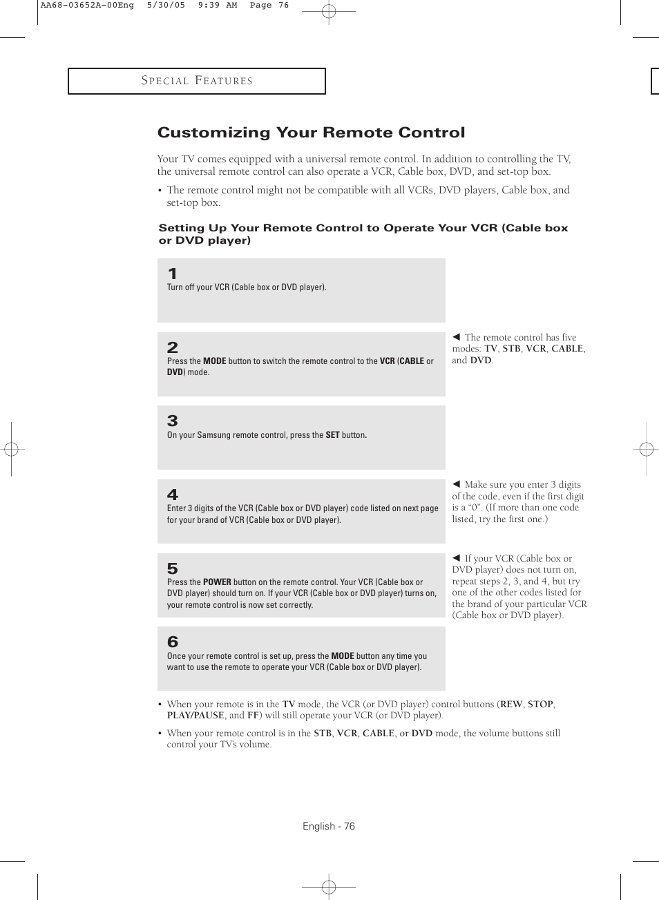 Customizing your remote control | Samsung TXR3080WHX-XAA User Manual | Page 76 / 80