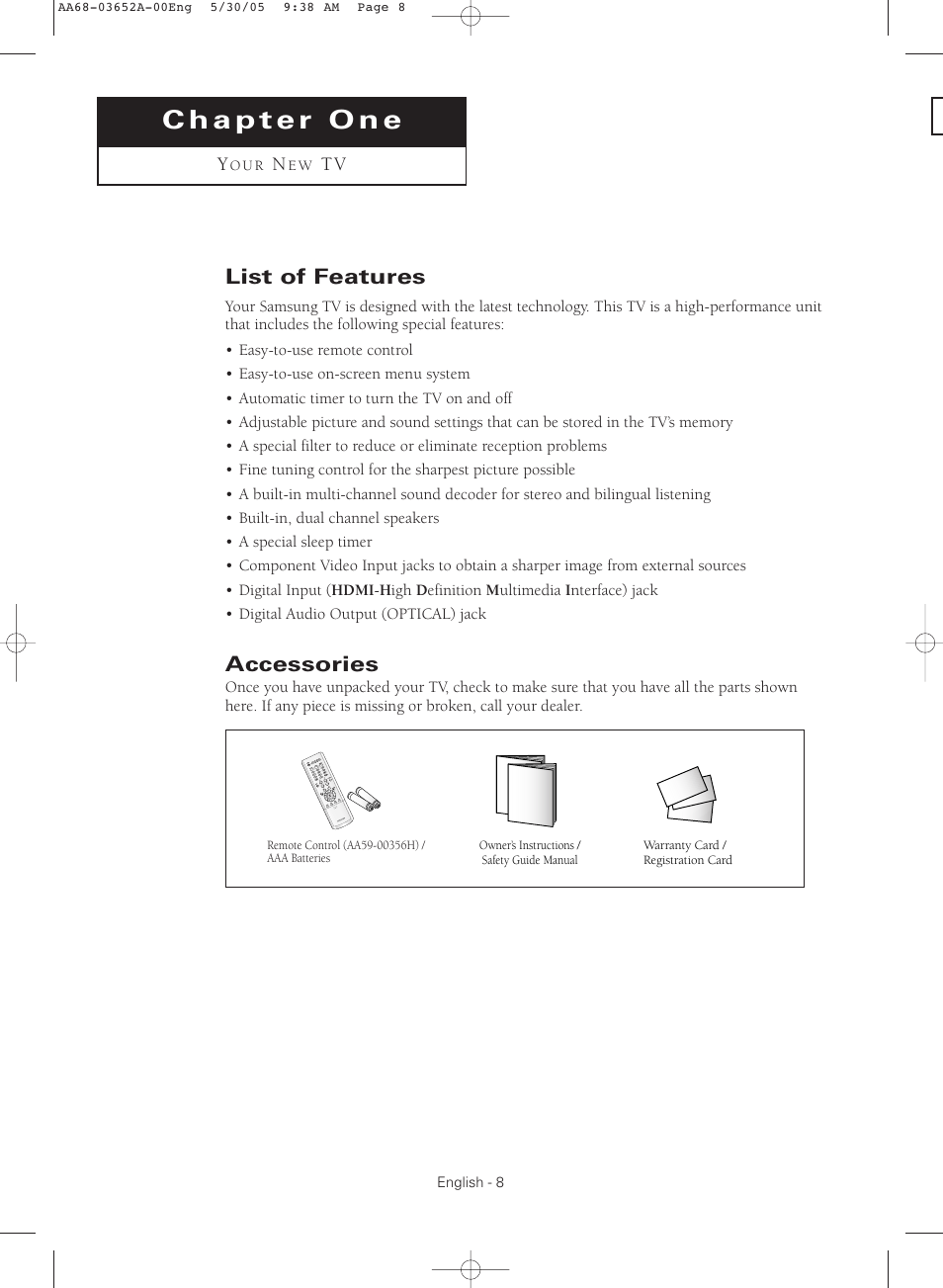 Chapter 1: your new tv, List of features, Accessories | Samsung TXR3080WHX-XAA User Manual | Page 8 / 80