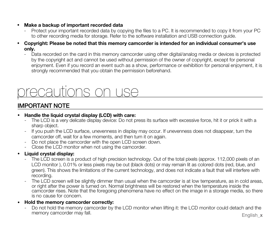 Precautions on use, Important note | Samsung SC-MX20E-QVC User Manual | Page 10 / 125