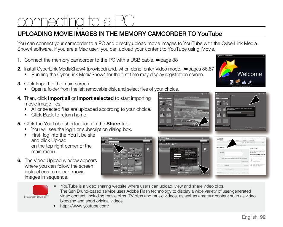 Connecting to a pc, You tube | Samsung SC-MX20E-QVC User Manual | Page 102 / 125