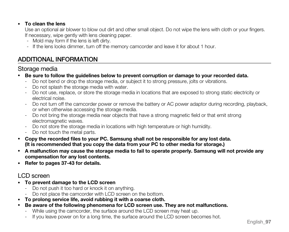 Additional information, Additional information storage media, Lcd screen | Samsung SC-MX20E-QVC User Manual | Page 107 / 125