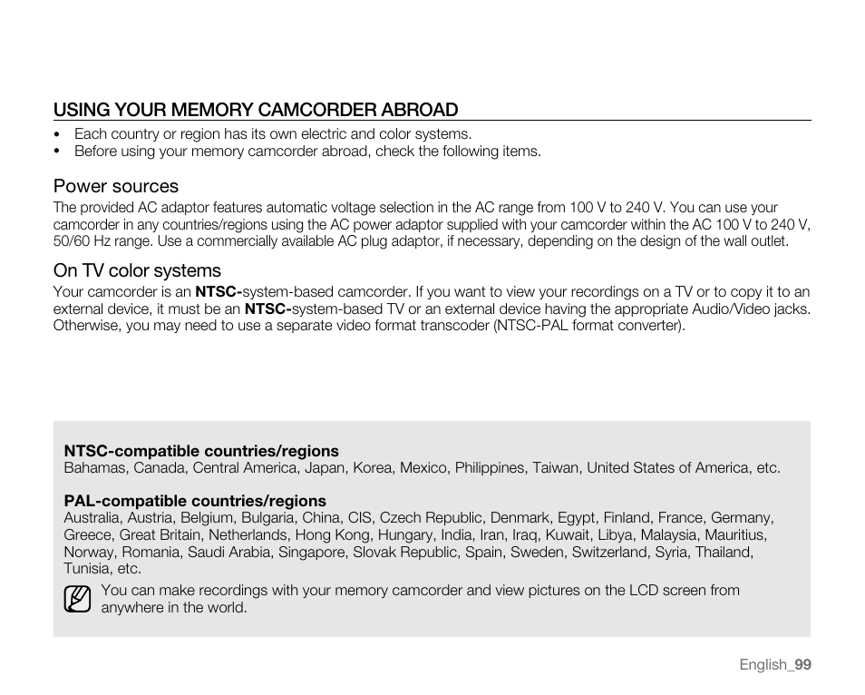 Using your memor y camcorder abroad, Power sources, On tv color systems | Samsung SC-MX20E-QVC User Manual | Page 109 / 125