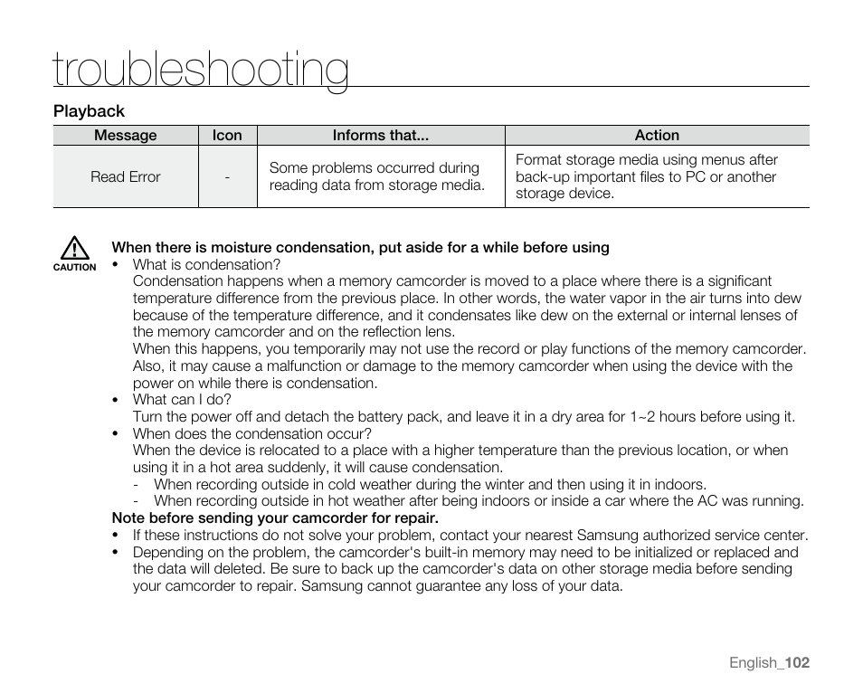 Troubleshooting | Samsung SC-MX20E-QVC User Manual | Page 112 / 125