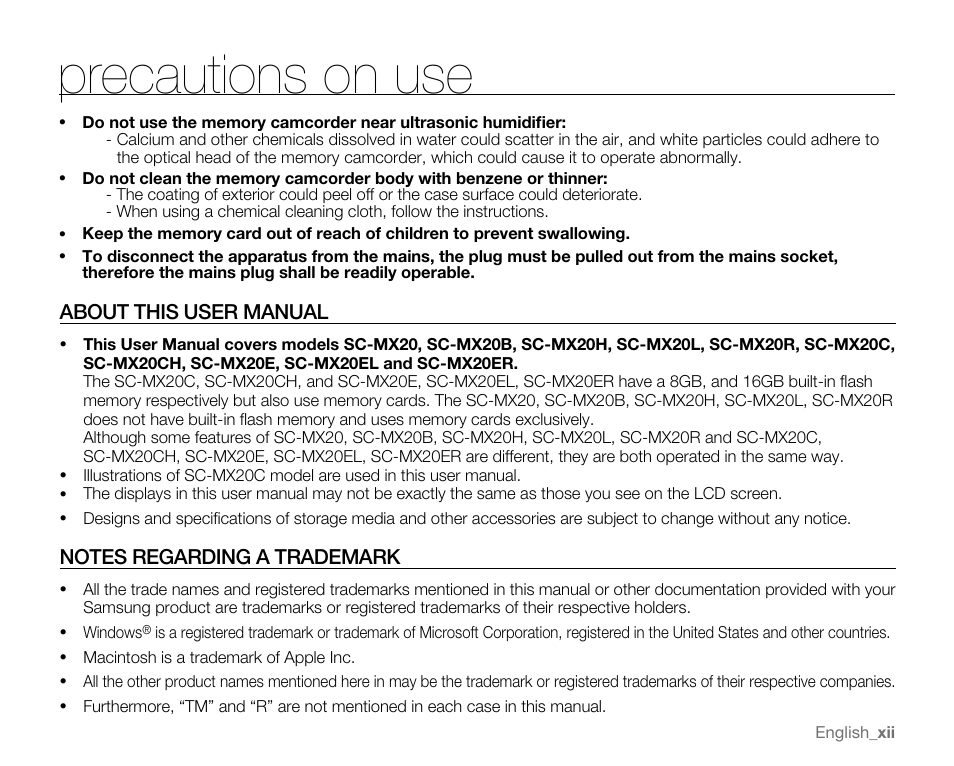 About this user manual, Notes regarding a trademark, Precautions on use | Samsung SC-MX20E-QVC User Manual | Page 12 / 125