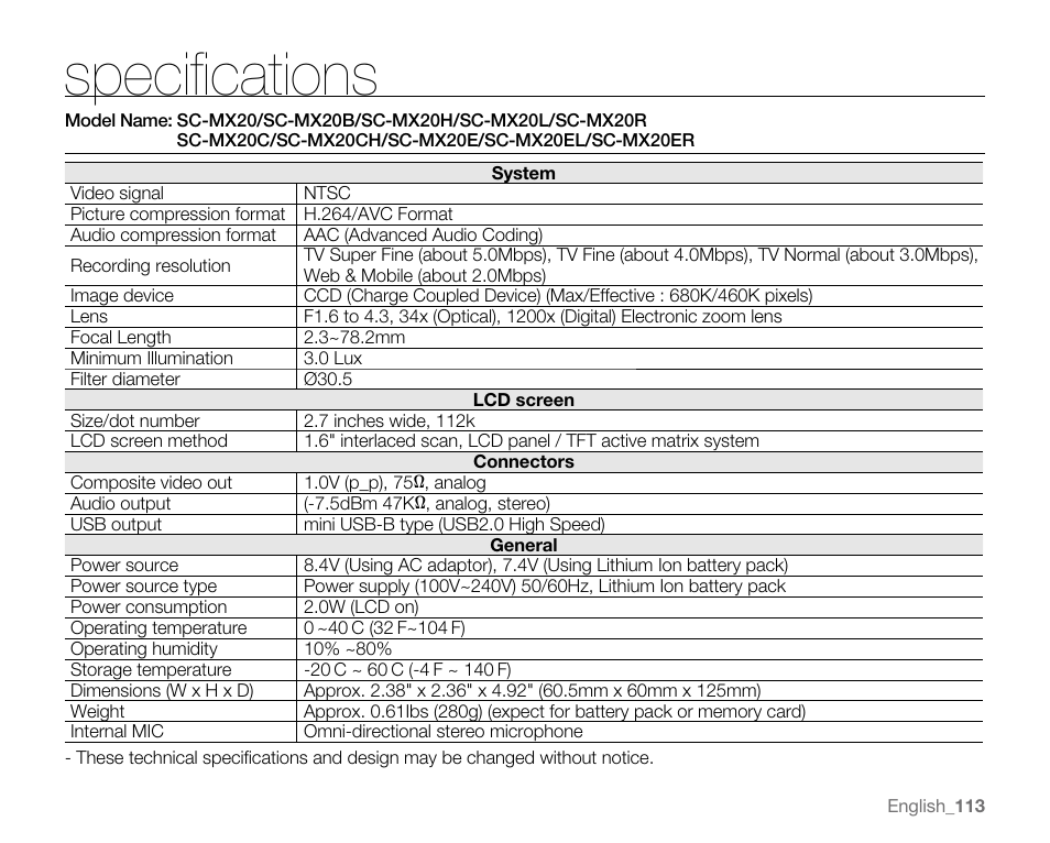 Specifications | Samsung SC-MX20E-QVC User Manual | Page 123 / 125