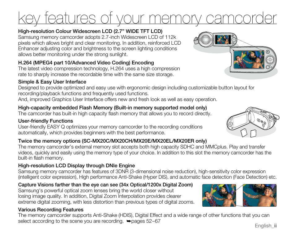 Key features of your memory camcorder | Samsung SC-MX20E-QVC User Manual | Page 2 / 125