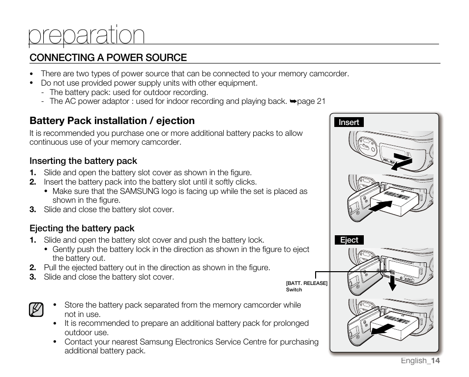 Preparation, Connecting a power source, Battery pack installation / ejection | Samsung SC-MX20E-QVC User Manual | Page 24 / 125