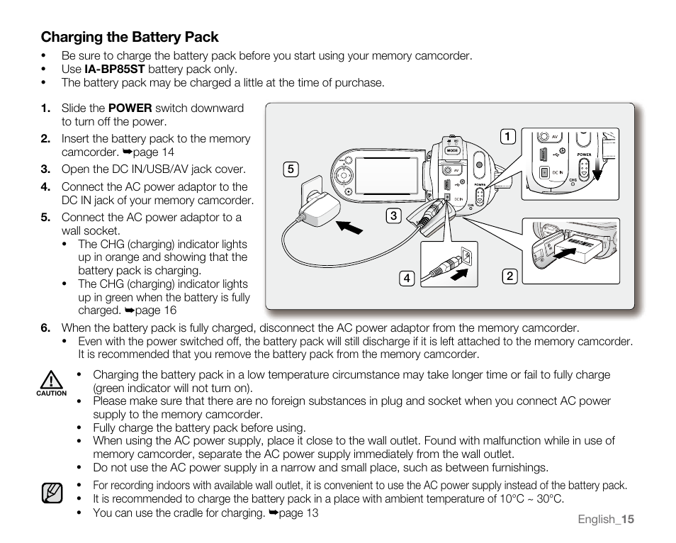 Charging the battery pack | Samsung SC-MX20E-QVC User Manual | Page 25 / 125