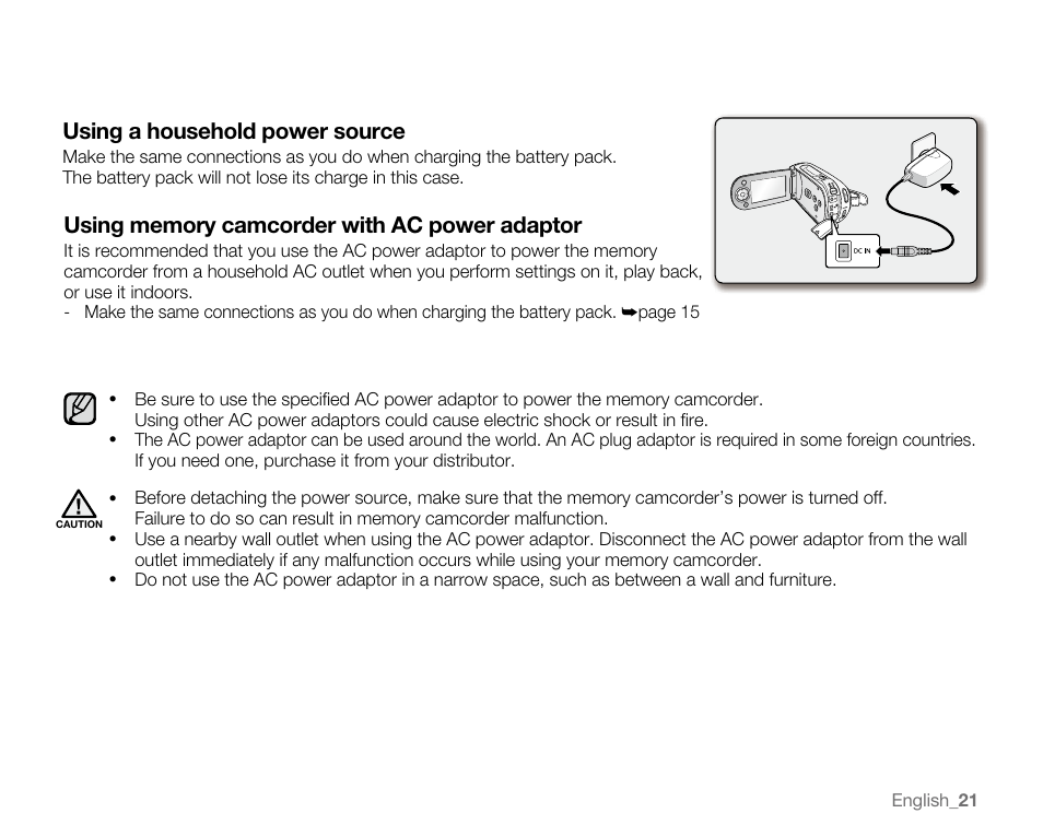 Using a household power source | Samsung SC-MX20E-QVC User Manual | Page 31 / 125