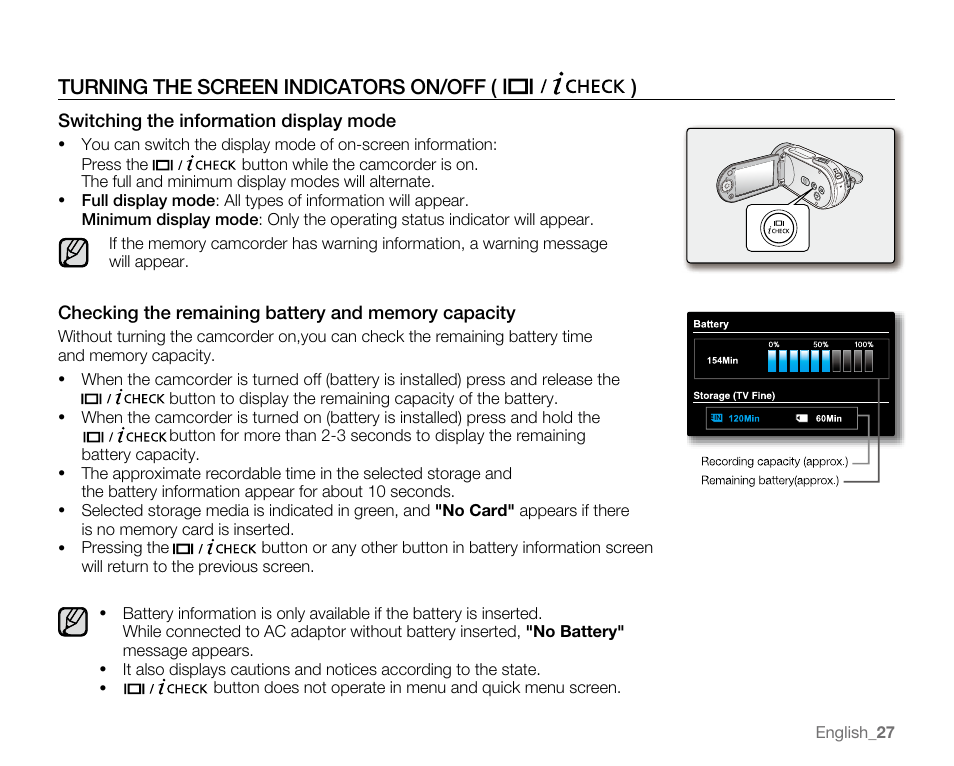 Turning the screen indicators on/off | Samsung SC-MX20E-QVC User Manual | Page 37 / 125