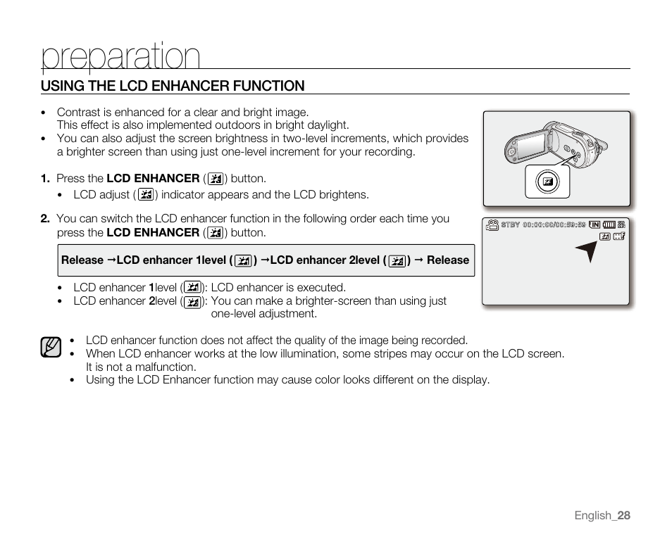 Preparation, Using the lcd enhancer function | Samsung SC-MX20E-QVC User Manual | Page 38 / 125