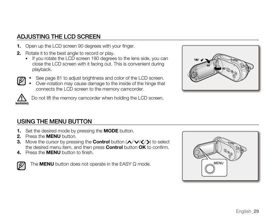 Adjusting the lcd screen, Using the menu button | Samsung SC-MX20E-QVC User Manual | Page 39 / 125