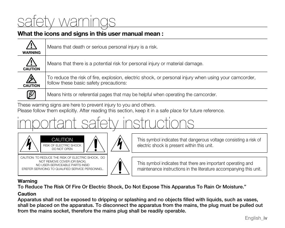 Safety warnings, Important safety instructions | Samsung SC-MX20E-QVC User Manual | Page 4 / 125