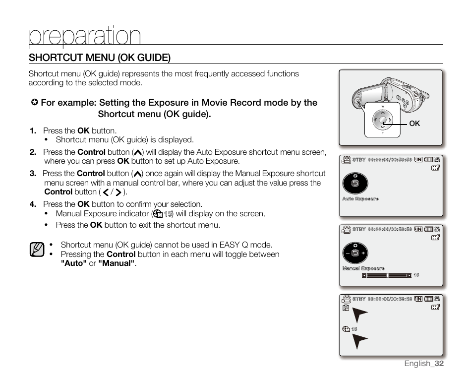 Preparation, Shortcut menu (ok guide) | Samsung SC-MX20E-QVC User Manual | Page 42 / 125