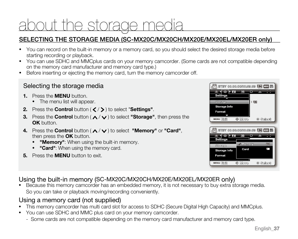 About the storage media | Samsung SC-MX20E-QVC User Manual | Page 47 / 125