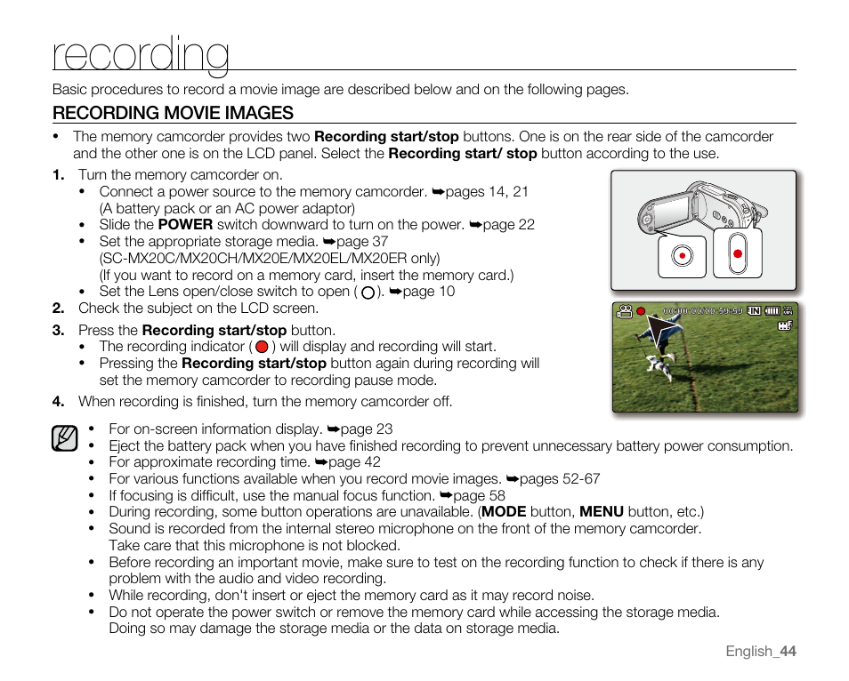 Recording, Recording movie images | Samsung SC-MX20E-QVC User Manual | Page 54 / 125