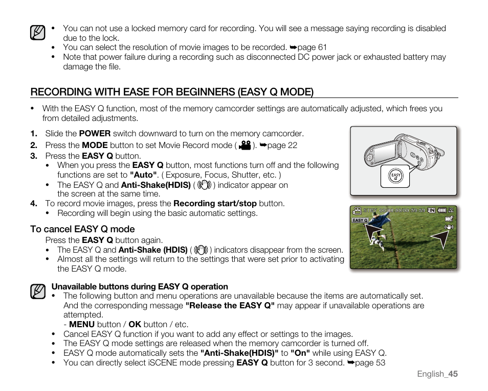 Recording with ease for beginners (easy q mode) | Samsung SC-MX20E-QVC User Manual | Page 55 / 125