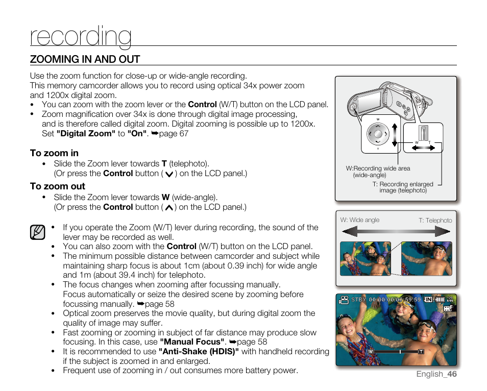 Recording, Zooming in and out | Samsung SC-MX20E-QVC User Manual | Page 56 / 125