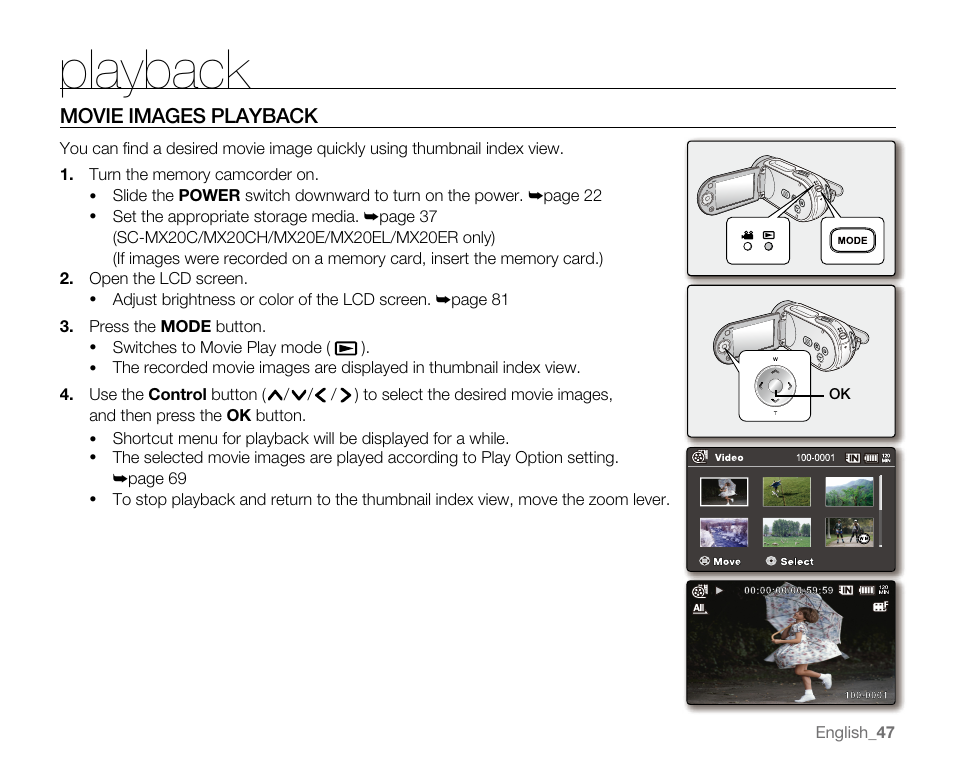 Playback, Movie images playback | Samsung SC-MX20E-QVC User Manual | Page 57 / 125