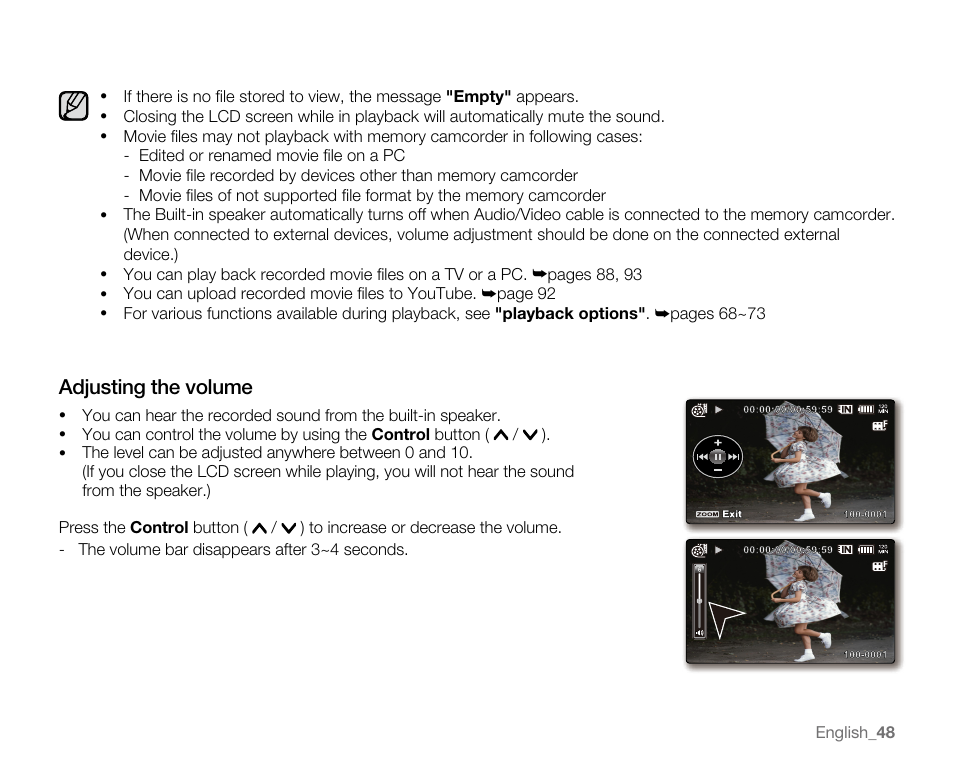 Adjusting the volume | Samsung SC-MX20E-QVC User Manual | Page 58 / 125