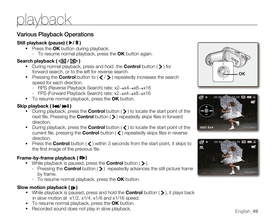 Playback, Various playback operations | Samsung SC-MX20E-QVC User Manual | Page 59 / 125