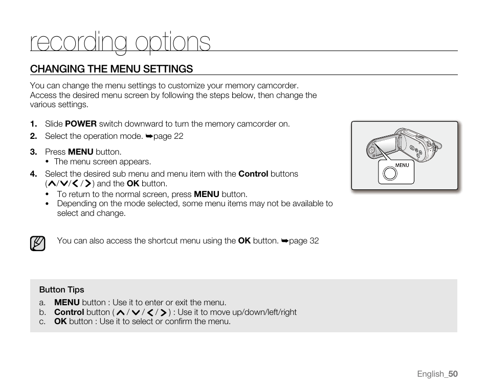 Recording options | Samsung SC-MX20E-QVC User Manual | Page 60 / 125