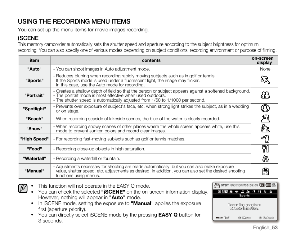 Using the recording menu items | Samsung SC-MX20E-QVC User Manual | Page 63 / 125