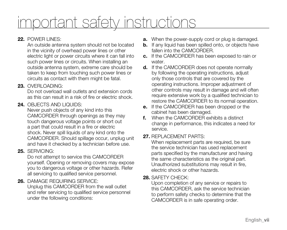 Important safety instructions | Samsung SC-MX20E-QVC User Manual | Page 7 / 125