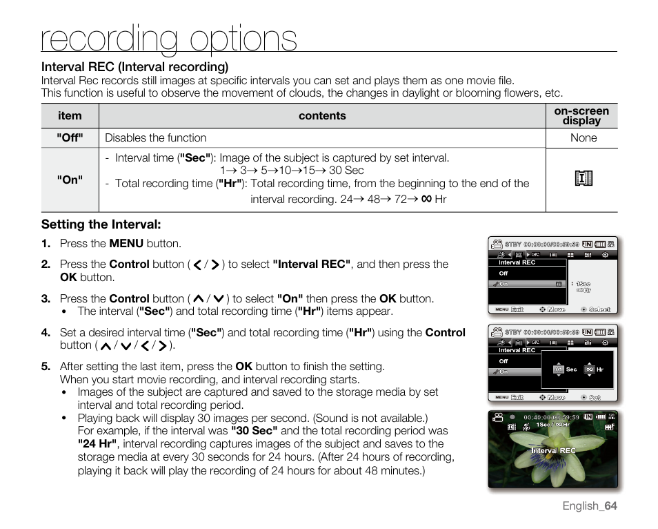 Recording options | Samsung SC-MX20E-QVC User Manual | Page 74 / 125