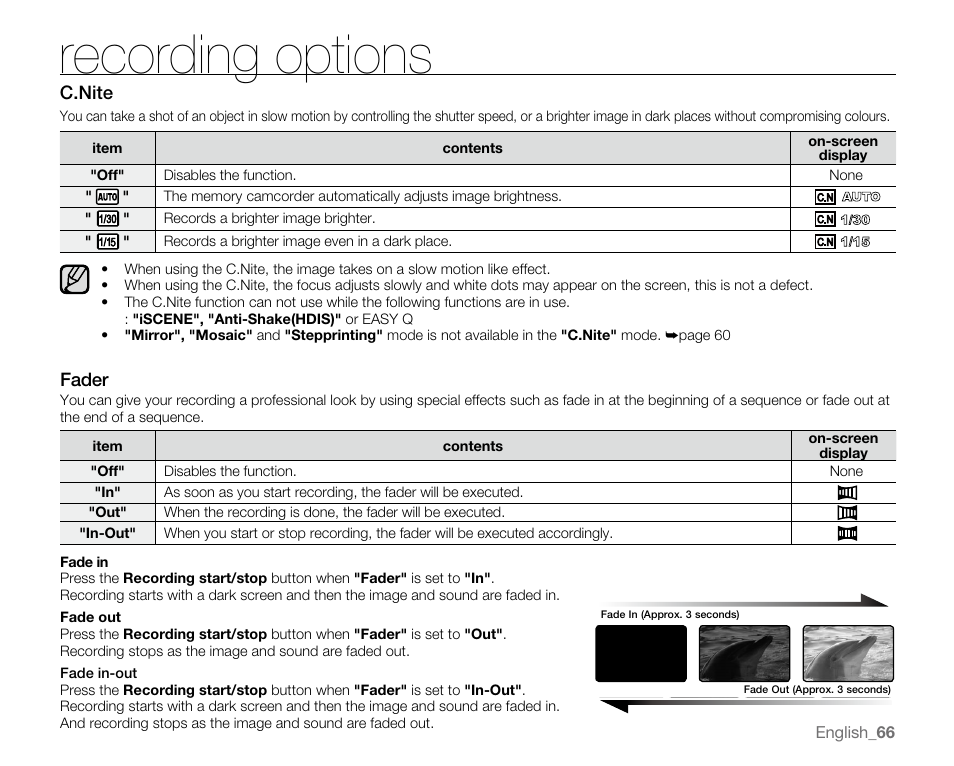 Recording options, Fader, C.nite | Samsung SC-MX20E-QVC User Manual | Page 76 / 125