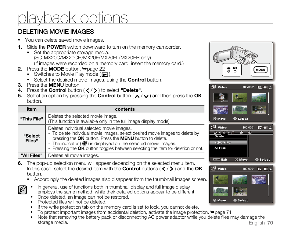 Playback options, Deleting movie images | Samsung SC-MX20E-QVC User Manual | Page 80 / 125