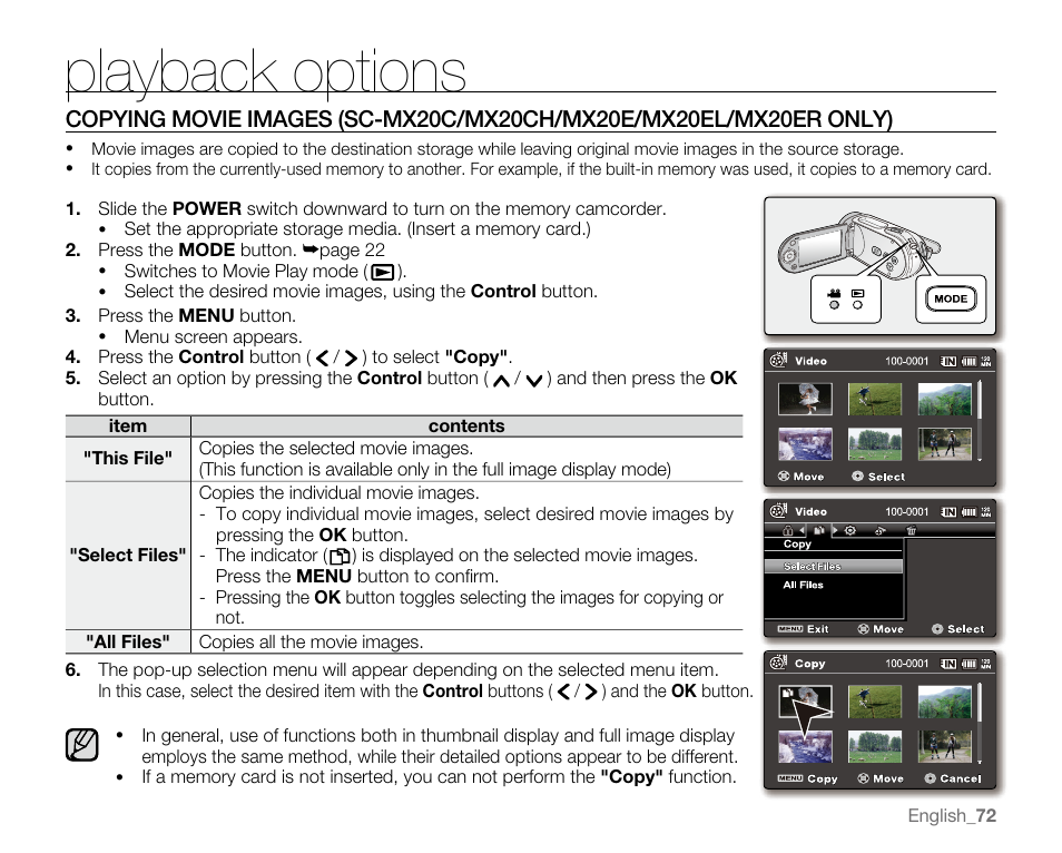 Playback options | Samsung SC-MX20E-QVC User Manual | Page 82 / 125