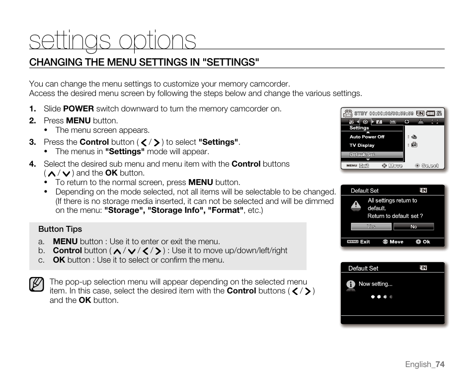 Settings options, Changing the menu settings in "settings | Samsung SC-MX20E-QVC User Manual | Page 84 / 125